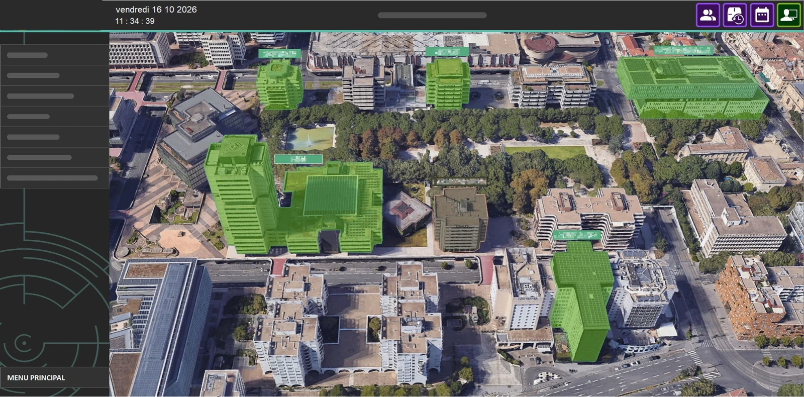 Supervision 3D d’un site : chaque bâtiment coloré selon son état
